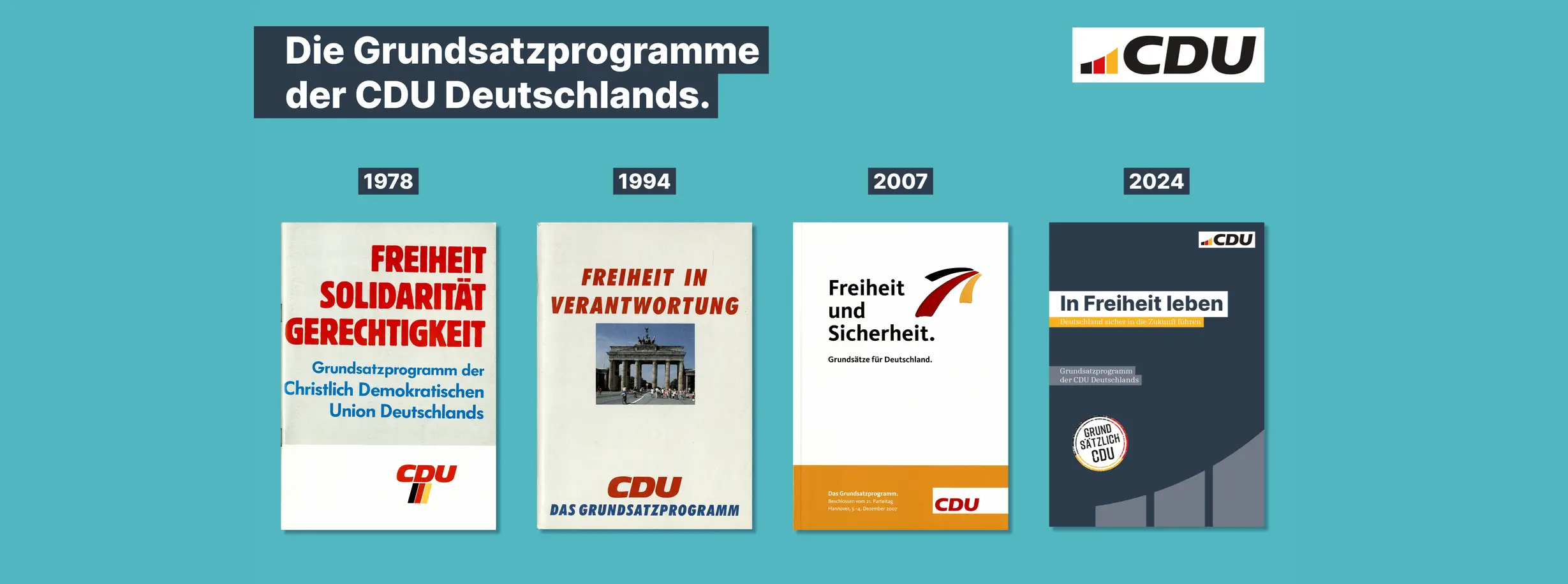 cdu-grüner Hintergrund, CDU Logo, Text: Die Grundsatzprogramme der CDU Deutschlands. Darunter die 4 Cover der Grundsatzprogramme von 1978, 1994, 2007 und 2024