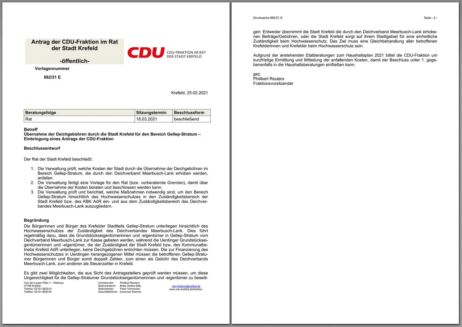 Antrag der CDU zur Übernahme der Deichgebühr für Gellep-Stratum