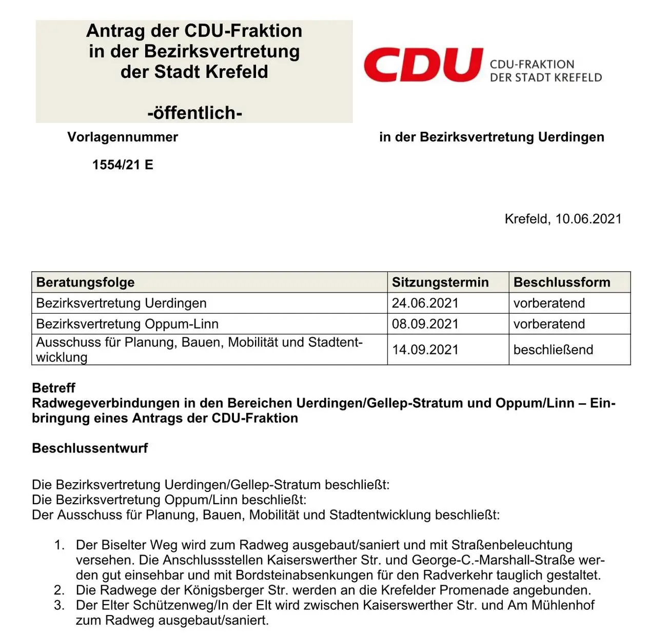 10.06.2021: Radwegeverbindungen in den Bereichen Uerdingen/Gellep-Stratum und Oppum/Linn