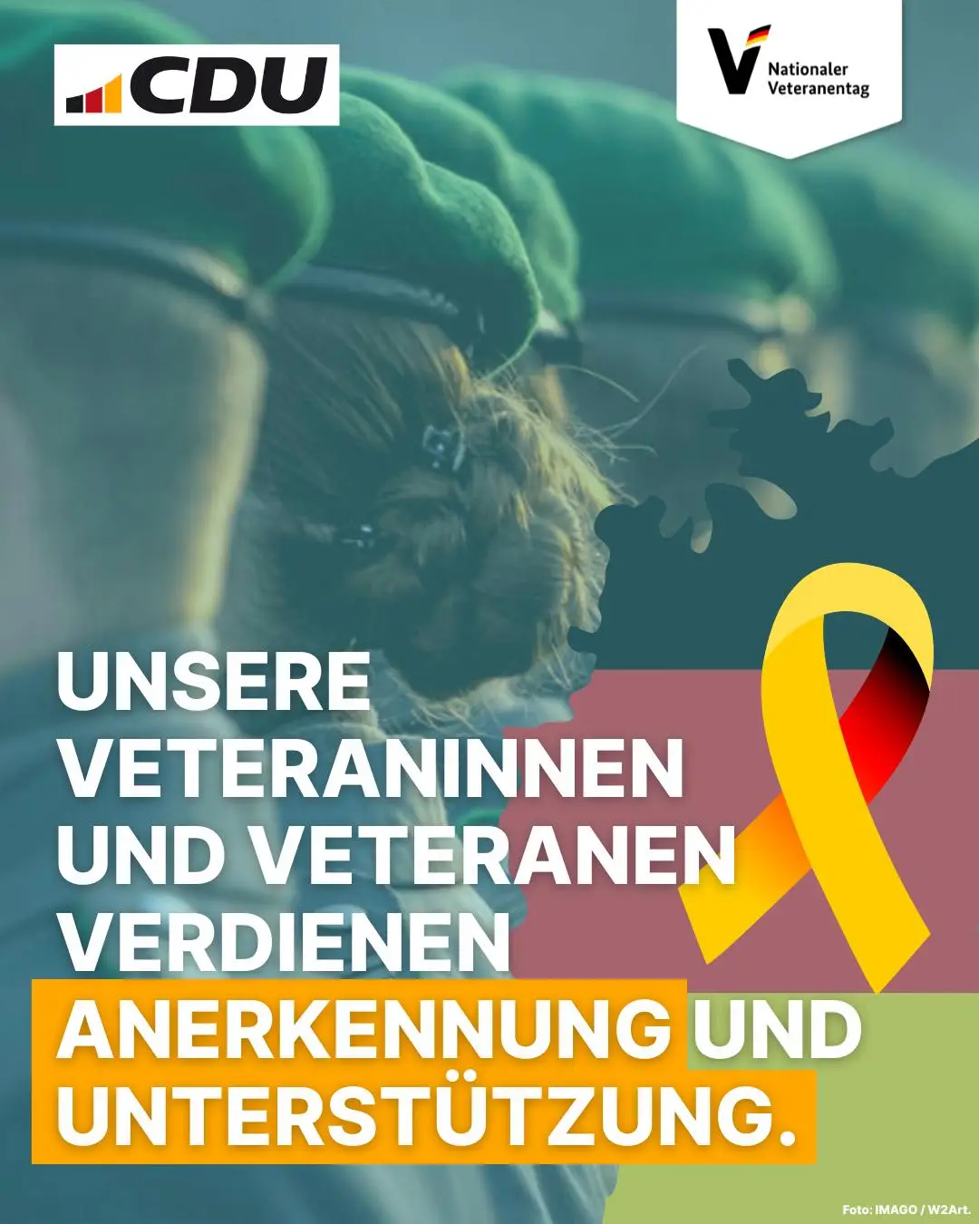 Hintergrund mit Soldatinnen und Soldaten der Bundewehr, darauf Logo der CDU und Dank den Veteraninnen und Veteranen