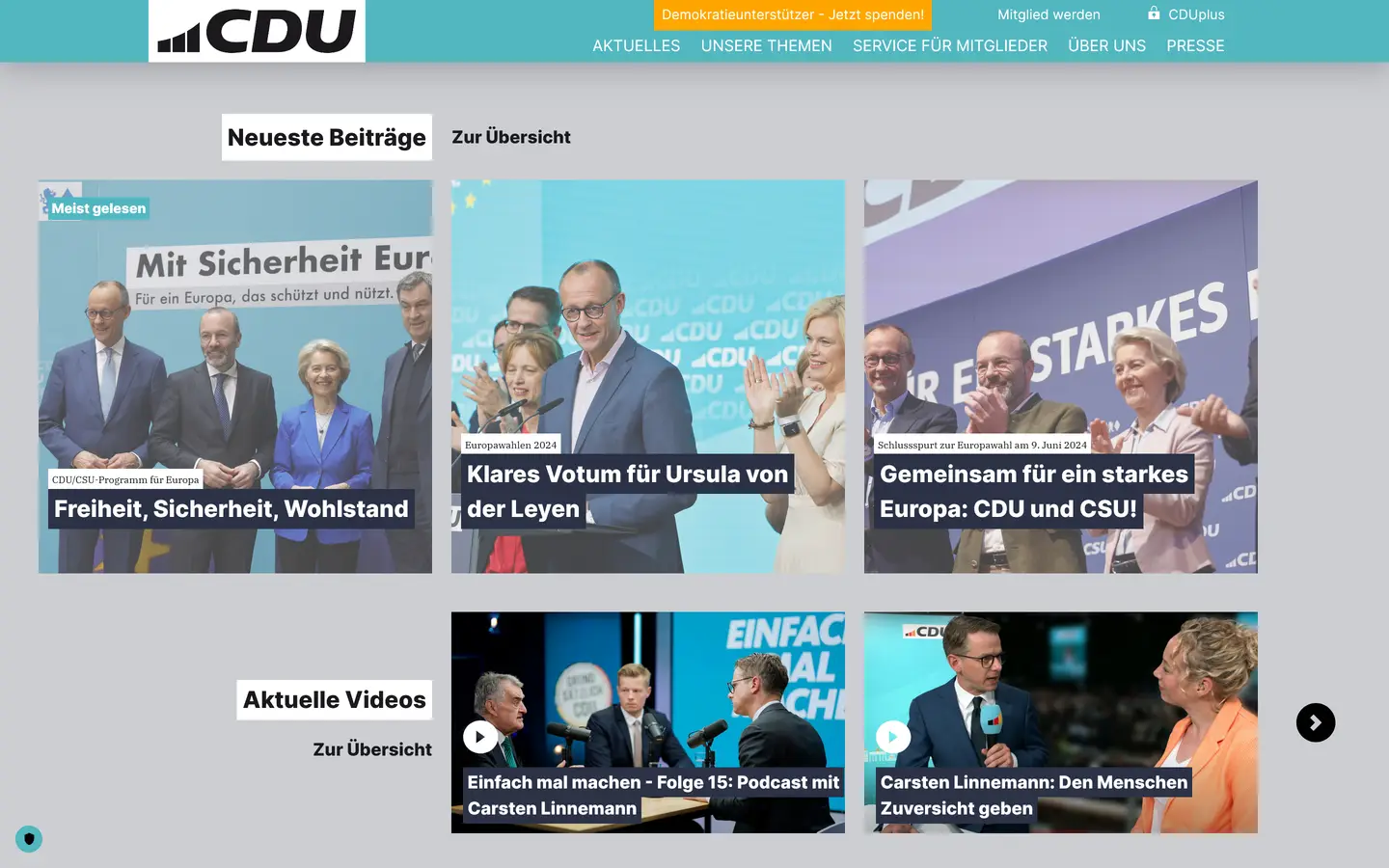 Screenshot von der Webseite "CDU Deutschland"