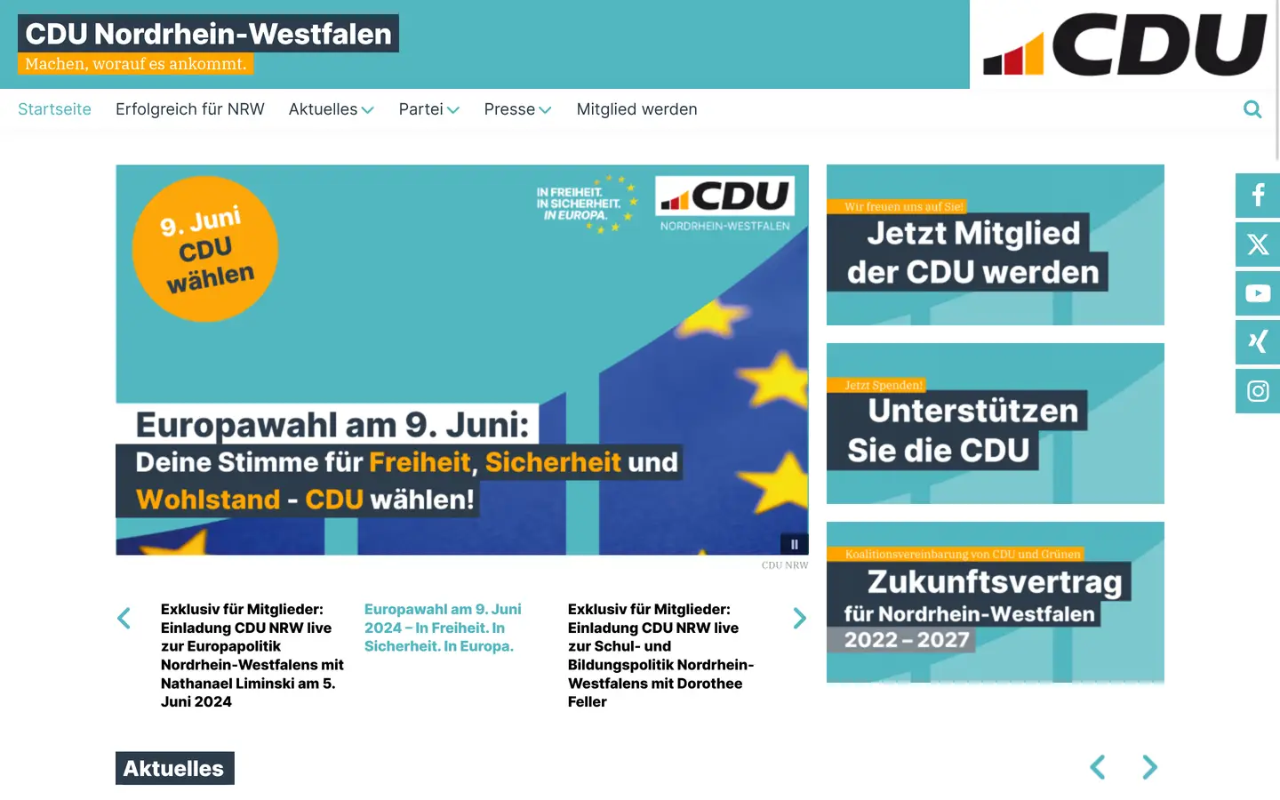 Screenshot von der Webseite "CDU Nordrhein-Westfalen"