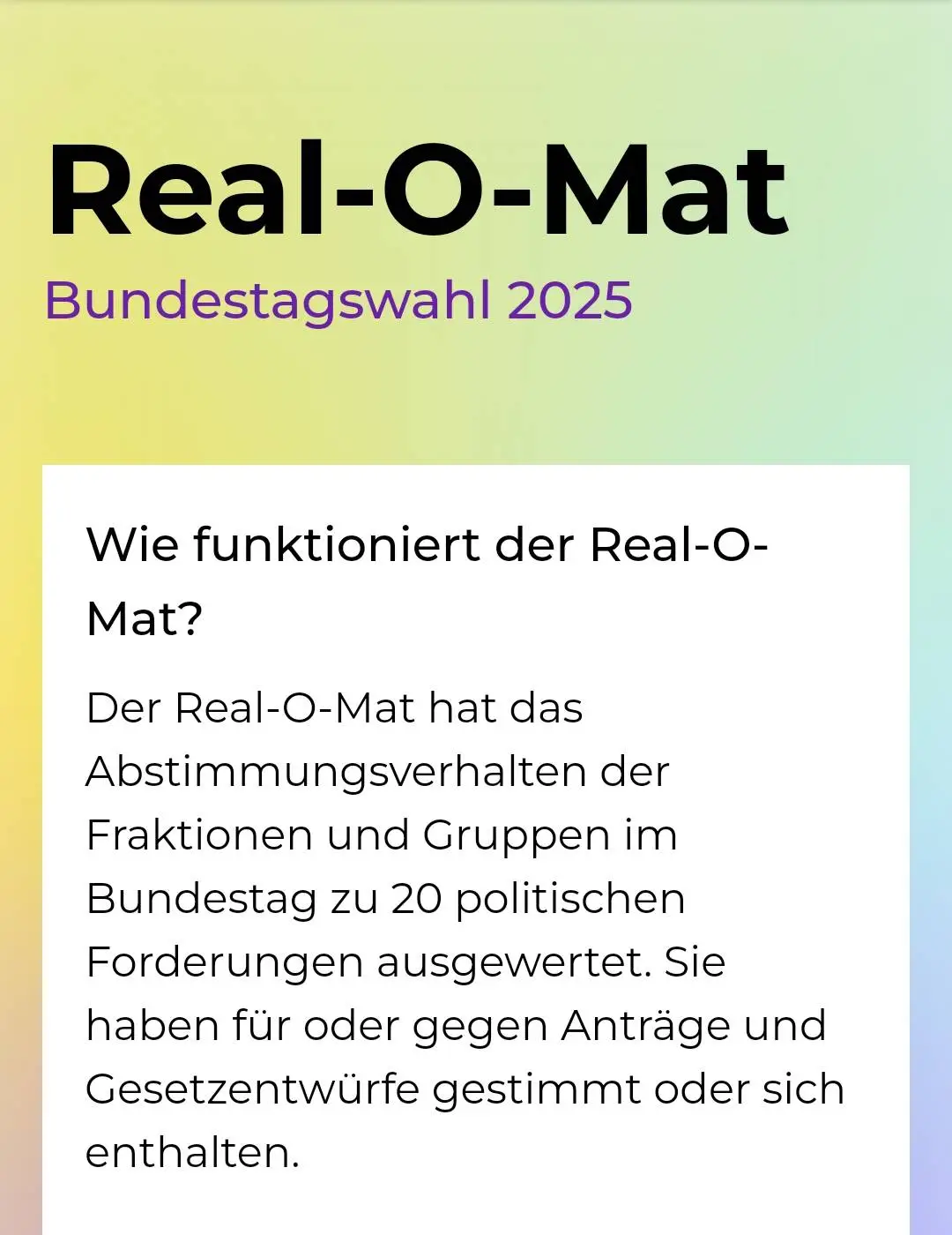 Ansicht der Startseite des Real-O-Mat
