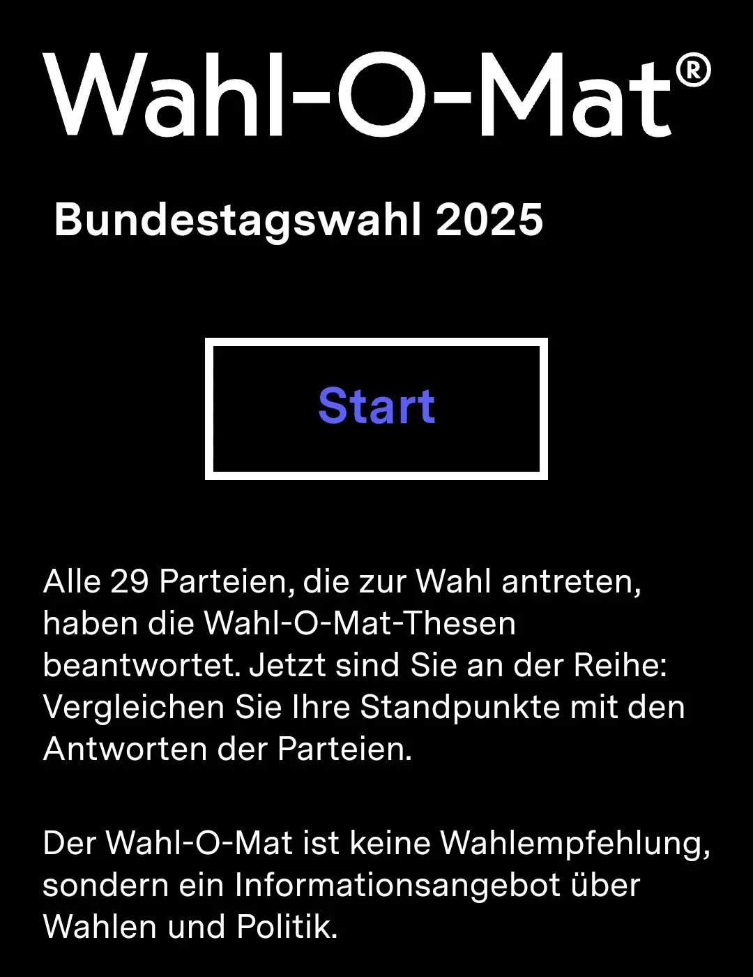 Ansicht der Startseite des Wahl-O-Mat