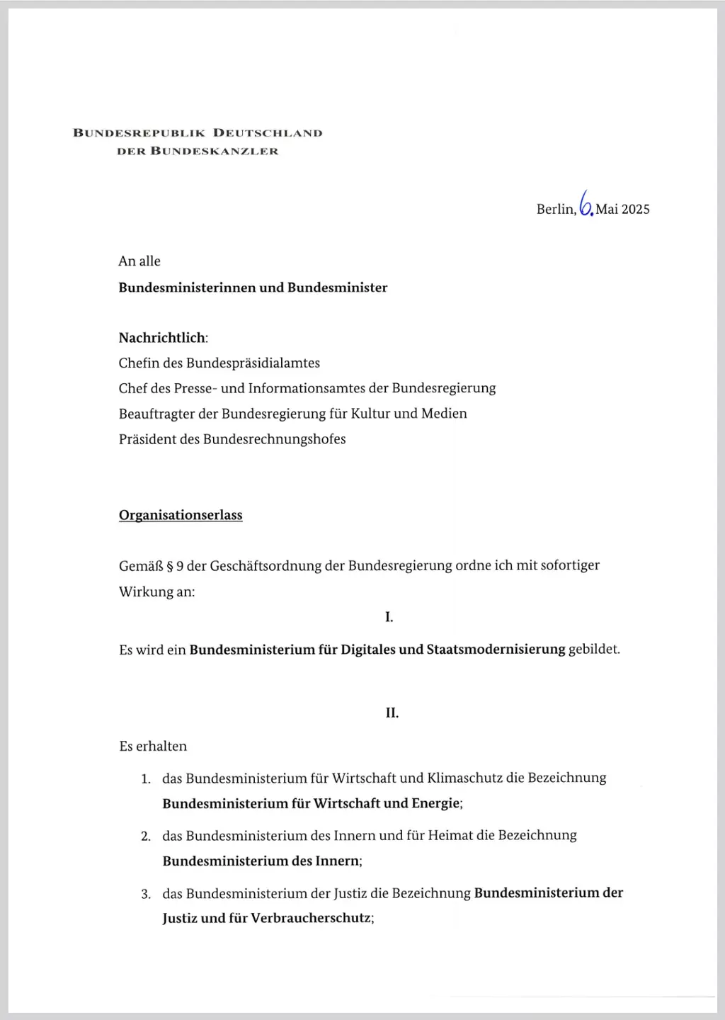 Screenshot der ersten Seite des Organisationserlass 2025