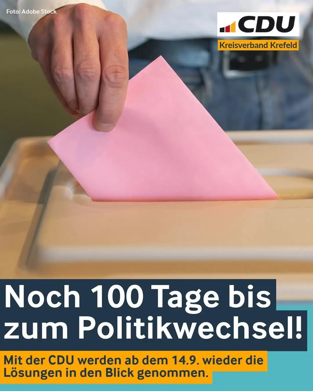 Wahlurne mit gerade einwerfender Hand des Stimmzettel zur Kommunalwahl 2025,
 darüber CDU Logo und unten Text mit 100 Tage bis zur Wahl 