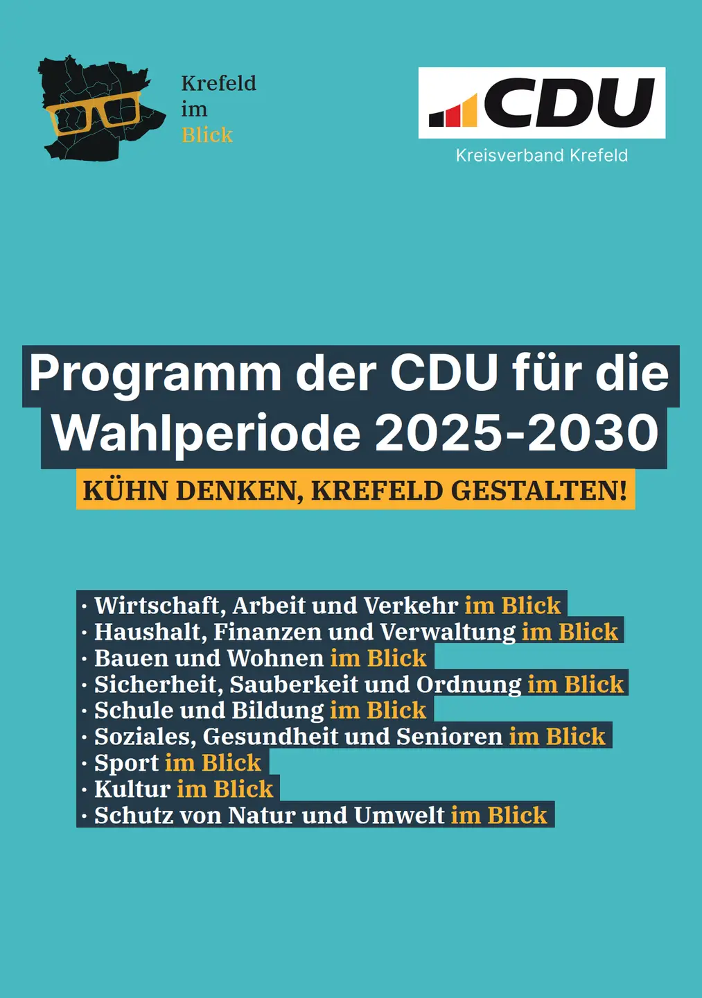Screenshot des Wahlprogramm,
 Hintergrund türkis,
 oben links das Wahllogo der CDU Krefeld im Blick,
 rechts Logo Kreisverband Kr,
 darunter Inhalte des Wahlprogramm