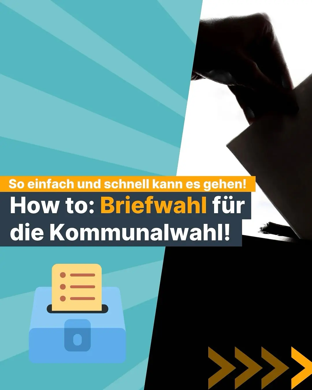 Socialmedia-Kachel mit türkisgestreiftem Hintrgrund,
 darauf eine Grafik Brief,
 der in die Urne rutscht,
 rechts eine Hand,
 die einen Wahlbrief in die Urne wirft. Darüber einleitender Text zum How to der Briefwahl