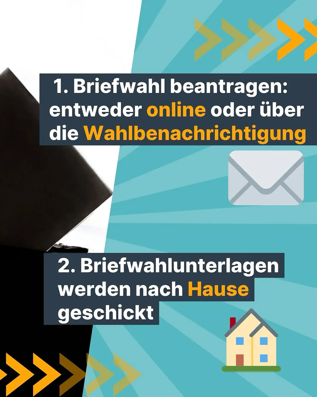 Socialmedia-Kachel mit türkisgestreiftem Hintrgrund,
 darauf Grafiken eines Brief und Häuschen,
 mit 2 How to´s Briefwahl