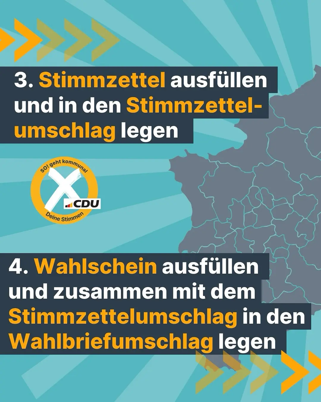Socialmedia-Kachel mit türkisgestreiftem Hintrgrund,
 darauf Landesabbildung NRW und den Punkten 3 und 4 zur Briefwahl