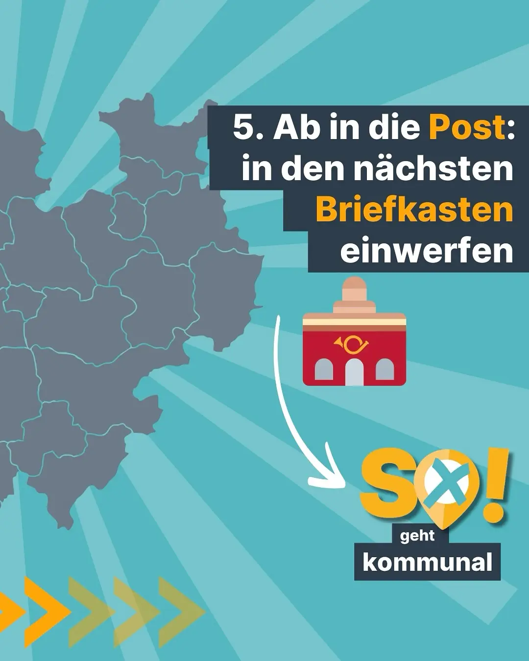 Socialmedia-Kachel mit türkisgestreiftem Hintrgrund,
 darauf Landesabbildung NRW,
 dem Punkt 5 des How to,
 ein angedeutes Postgebäude und darunter SO geht kommunal