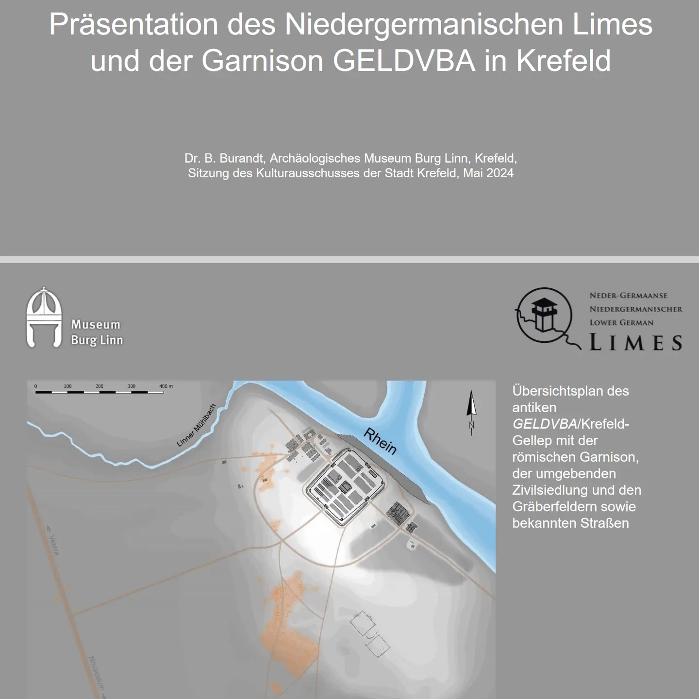 Screenshot der Präsentation, Überschrift "Präsentation des Niedergermanischen Limes  und der Garnison GELDVBA in Krefeld", darunter ein Übersichtsplan und den Logos des Museum Linn und vom Niedergermanischen Limes