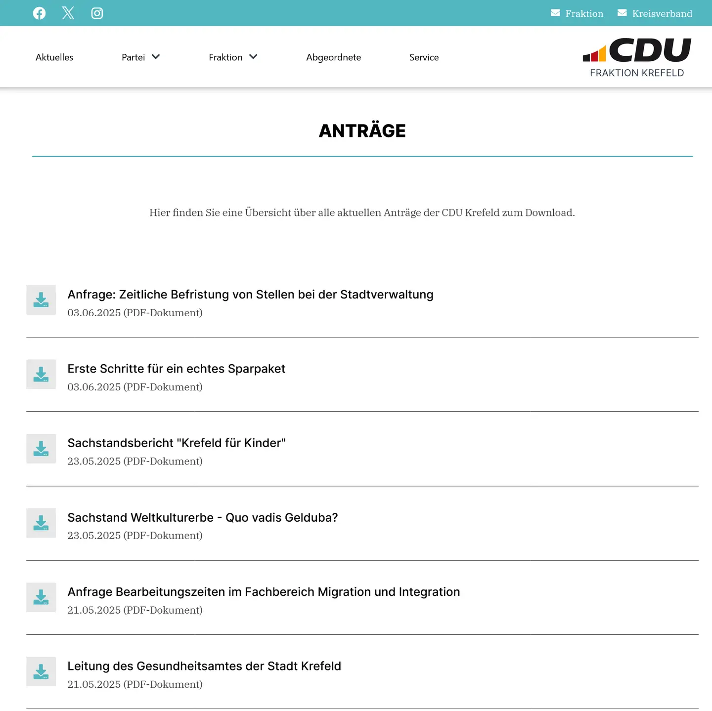 Screenshot der CDU Krefeld - Website,
 mit der Liste der Anträge der CDU Krefeld