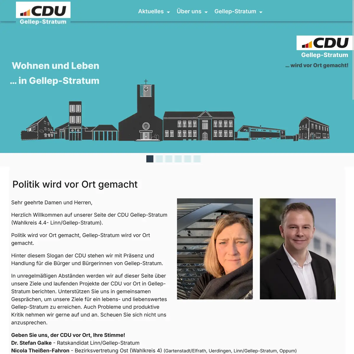 Ansicht der neuen Website,
 mit Header (Logo,
 Navigation,
 Slogan CDU Ortsverband Gellep-Stratum),
 darunter ein Slider mit verschiedenen Bildern und ersten Informationen zum Websitebetreiber